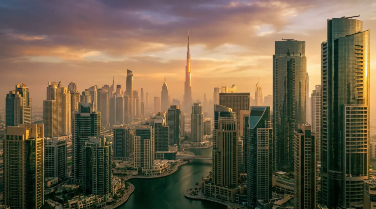 Dubai Marina skyline with waterfront towers at sunset