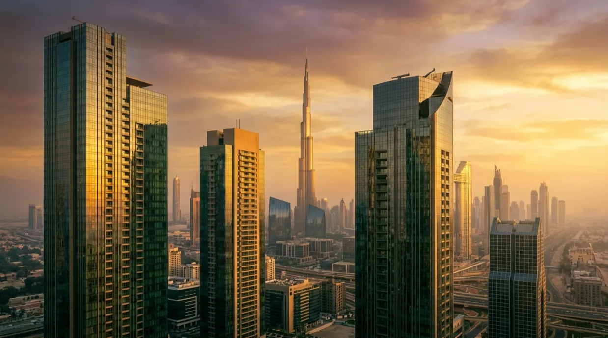Dubai skyline visual representing Oakmark's structured real estate advisory for off-plan projects and rental shortlists